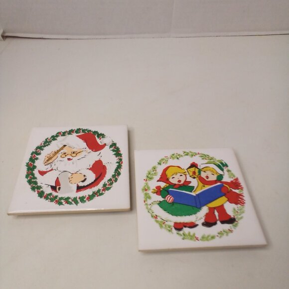 Vintage Jasco 1981 Ceramic Tile Trivet Coaster Christmas Santa Carolers Lot of 2 - Picture 3 of 11